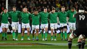 9 July 2022; The ireland team, led by captain Jonathan Sexton, take a step forward during the haka before the Steinlager Series match between the New Zealand and Ireland at the Forsyth Barr Stadium in Dunedin, New Zealand. Photo by Brendan Moran/Sportsfile