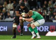 9 July 2022; Pita Gus Sowakula of New Zealand is tackled by Kieran Treadwell of Ireland during the Steinlager Series match between the New Zealand and Ireland at the Forsyth Barr Stadium in Dunedin, New Zealand. Photo by Brendan Moran/Sportsfile
