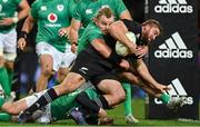 9 July 2022; Aidan Ross of New Zealand is tackled by Joey Carbery and Finlay Bealham of Ireland during the Steinlager Series match between the New Zealand and Ireland at the Forsyth Barr Stadium in Dunedin, New Zealand. Photo by Brendan Moran/Sportsfile