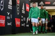 9 July 2022; Ireland captain Jonathan Sexton leads his side out before the Steinlager Series match between the New Zealand and Ireland at the Forsyth Barr Stadium in Dunedin, New Zealand. Photo by Brendan Moran/Sportsfile