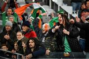 9 July 2022; Ireland supporters cheer on their team during the Steinlager Series match between the New Zealand and Ireland at the Forsyth Barr Stadium in Dunedin, New Zealand. Photo by Brendan Moran/Sportsfile