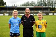 9 July 2022; Referee Kevin Phelan with team captains Carla Rowe of Dublin and Niamh McLaughlin of Donegal during the TG4 All-Ireland Ladies Football Senior Championship Quarter-Final between Donegal and Dublin at Páirc Seán Mac Diarmada in Carrick-on-Shannon, Leitrim. Photo by Eóin Noonan/Sportsfile