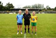 9 July 2022; Referee Kevin Phelan with team captains Carla Rowe of Dublin and Niamh McLaughlin of Donegal during the TG4 All-Ireland Ladies Football Senior Championship Quarter-Final between Donegal and Dublin at Páirc Seán Mac Diarmada in Carrick-on-Shannon, Leitrim. Photo by Eóin Noonan/Sportsfile