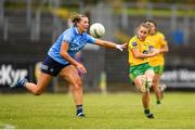 9 July 2022; Niamh McLaughlin of Donegal has a shot blocked by Jennifer Dunne of Dublin during the TG4 All-Ireland Ladies Football Senior Championship Quarter-Final between Donegal and Dublin at Páirc Seán Mac Diarmada in Carrick-on-Shannon, Leitrim. Photo by Eóin Noonan/Sportsfile