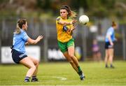 9 July 2022; Niamh Hegarty of Donegal in action against Martha Byrne of Dublin during the TG4 All-Ireland Ladies Football Senior Championship Quarter-Final between Donegal and Dublin at Páirc Seán Mac Diarmada in Carrick-on-Shannon, Leitrim. Photo by Eóin Noonan/Sportsfile