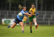 9 July 2022; Katy Herron of Donegal in action against Kate McDaid of Dublin during the TG4 All-Ireland Ladies Football Senior Championship Quarter-Final between Donegal and Dublin at Páirc Seán Mac Diarmada in Carrick-on-Shannon, Leitrim. Photo by Eóin Noonan/Sportsfile