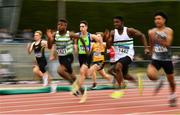 9 July 2022; Leon Ewere of Castlegar AC, Galway, second from left, competing in the under 16 boys 100m heats  during day two of the Irish Life Health National Juvenile Track and Field Championships at Tullamore Harriers Stadium in Tullamore, Offaly. Photo by Sam Barnes/Sportsfile