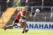 9 July 2022; Danielle Coldwell of Mayo in action against Rachel Leahy of Cork during the TG4 All-Ireland Ladies Football Senior Championship Quarter-Final match between Cork and Mayo at Cusack Park in Ennis, Clare. Photo by Matt Browne/Sportsfile