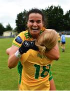 9 July 2022; Geraldine McLaughlin of Donegal celebrates with teammate Jodie McFadden after the TG4 All-Ireland Ladies Football Senior Championship Quarter-Final between Donegal and Dublin at Páirc Seán Mac Diarmada in Carrick-on-Shannon, Leitrim. Photo by Eóin Noonan/Sportsfile