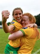 9 July 2022; Niamh McLaughlin of Donegal, left, celebrates with Evelyn McGinley after the TG4 All-Ireland Ladies Football Senior Championship Quarter-Final between Donegal and Dublin at Páirc Seán Mac Diarmada in Carrick-on-Shannon, Leitrim. Photo by Eóin Noonan/Sportsfile