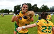 9 July 2022; Geraldine McLaughlin of Donegal celebrates with teammate Jodie McFadden after the TG4 All-Ireland Ladies Football Senior Championship Quarter-Final between Donegal and Dublin at Páirc Seán Mac Diarmada in Carrick-on-Shannon, Leitrim. Photo by Eóin Noonan/Sportsfile