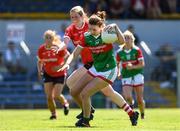 9 July 2022; Caiar Whyte of Mayo in action against Roisin Phelan of Cork during the TG4 All-Ireland Ladies Football Senior Championship Quarter-Final match between Cork and Mayo at Cusack Park in Ennis, Clare. Photo by Matt Browne/Sportsfile