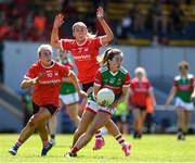 9 July 2022; Srarh Mulvihill of Mayo in action against Emma Cleary and Maire O'Callaghan of Cork during the TG4 All-Ireland Ladies Football Senior Championship Quarter-Final match between Cork and Mayo at Cusack Park in Ennis, Clare. Photo by Matt Browne/Sportsfile