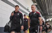 9 July 2022; Galway manager Padraic Joyce, right, and Damien Comer of Galway arrive before the GAA Football All-Ireland Senior Championship Semi-Final match between Derry and Galway at Croke Park in Dublin. Photo by Ramsey Cardy/Sportsfile