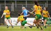 9 July 2022; Nicole Owens of Dublin has a shot on goal blocked by Róisín Rodgers of Donegal during the TG4 All-Ireland Ladies Football Senior Championship Quarter-Final between Donegal and Dublin at Páirc Seán Mac Diarmada in Carrick-on-Shannon, Leitrim. Photo by Eóin Noonan/Sportsfile
