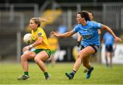 9 July 2022; Niamh McLaughlin of Donegal in action against Leah Caffrey of Dublin during the TG4 All-Ireland Ladies Football Senior Championship Quarter-Final between Donegal and Dublin at Páirc Seán Mac Diarmada in Carrick-on-Shannon, Leitrim. Photo by Eóin Noonan/Sportsfile