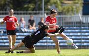 9 July 2022; Mayo goalkeeper Aisling Tarpey makes a save from Eimear Scally of Cork during the TG4 All-Ireland Ladies Football Senior Championship Quarter-Final match between Cork and Mayo at Cusack Park in Ennis, Clare. Photo by Matt Browne/Sportsfile