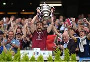 9 July 2022; Westmeath captain Kevin Maguire lifts the Tailteann Cup after the Tailteann Cup Final match between Cavan and Westmeath at Croke Park in Dublin. Photo by Ramsey Cardy/Sportsfile