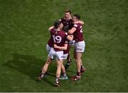 9 July 2022; Westmeath players, left to right, Sam Duncan, Alex Gardiner, John Heslin, Jack Smith, and Ronan O’Toole celebrate after the Tailteann Cup Final match between Cavan and Westmeath at Croke Park in Dublin. Photo by Daire Brennan/Sportsfile