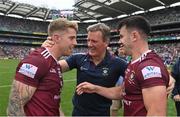 9 July 2022; Westmeath manager Jack Cooney, centre, celebrates with Luke Loughlin, left, and David Lynch after their side's victory in the Tailteann Cup Final match between Cavan and Westmeath at Croke Park in Dublin. Photo by Seb Daly/Sportsfile
