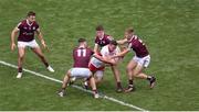 9 July 2022; Benny Heron of Derry in action against Galway players, left to right, Cillian McDaid, Matthew Tierney, John Daly, and Dylan McHugh during the GAA Football All-Ireland Senior Championship Semi-Final match between Derry and Galway at Croke Park in Dublin. Photo by Daire Brennan/Sportsfile