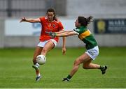 9 July 2022; Aimee Mackin of Armagh in action against Eilís Lynch of Kerry during the TG4 All-Ireland Ladies Football Senior Championship Quarter-Final match between Armagh and Kerry at O'Connor Park in Tullamore, Offaly. Photo by Piaras Ó Mídheach/Sportsfile