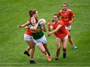 9 July 2022; Danielle O'Leary of Kerry in action against Armagh players, from left, Niamh Marley, Clodagh McCambridge and Grace Ferguson during the TG4 All-Ireland Ladies Football Senior Championship Quarter-Final match between Armagh and Kerry at O'Connor Park in Tullamore, Offaly. Photo by Piaras Ó Mídheach/Sportsfile
