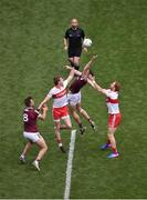 9 July 2022; Paul Conroy, left, and Matthew Tierney of Galway contest the throw-in against Brendan Rogers, left, and Conor Glass of Derry to start the GAA Football All-Ireland Senior Championship Semi-Final match between Derry and Galway at Croke Park in Dublin. Photo by Daire Brennan/Sportsfile