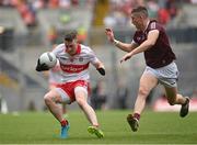 9 July 2022; Gareth McKinless of Derry in action against Johnny Heaney of Galway during the GAA Football All-Ireland Senior Championship Semi-Final match between Derry and Galway at Croke Park in Dublin. Photo by Seb Daly/Sportsfile