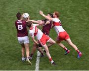 9 July 2022; Paul Conroy, left, and Matthew Tierney of Galway contest the throw-in against Brendan Rogers, left, and Conor Glass of Derry to start the GAA Football All-Ireland Senior Championship Semi-Final match between Derry and Galway at Croke Park in Dublin. Photo by Daire Brennan/Sportsfile
