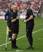 9 July 2022; Referee Brendan Cawley in conversation with Derry manager Rory Gallagher at the start of the second half of the GAA Football All-Ireland Senior Championship Semi-Final match between Derry and Galway at Croke Park in Dublin. Photo by Ramsey Cardy/Sportsfile