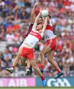 9 July 2022; Conor Glass, left, and Shane McGuigan of Derry in action against Paul Conroy of Galway during the GAA Football All-Ireland Senior Championship Semi-Final match between Derry and Galway at Croke Park in Dublin. Photo by Ramsey Cardy/Sportsfile
