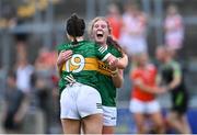 9 July 2022; Kerry players Síofra O'Shea, right, and Erica McGlynn celebrate after their side's victory the TG4 All-Ireland Ladies Football Senior Championship Quarter-Final match between Armagh and Kerry at O'Connor Park in Tullamore, Offaly. Photo by Piaras Ó Mídheach/Sportsfile