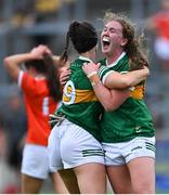 9 July 2022; Kerry players Síofra O'Shea, right, and Erica McGlynn celebrate after their side's victory the TG4 All-Ireland Ladies Football Senior Championship Quarter-Final match between Armagh and Kerry at O'Connor Park in Tullamore, Offaly. Photo by Piaras Ó Mídheach/Sportsfile