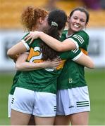 9 July 2022; Niamh Ní Chonchúir of Kerry, right, celebrates with teammates Louise Ní Mhuircheartaigh, left, and Rachel Dwyer after their side's victory in the TG4 All-Ireland Ladies Football Senior Championship Quarter-Final match between Armagh and Kerry at O'Connor Park in Tullamore, Offaly. Photo by Piaras Ó Mídheach/Sportsfile