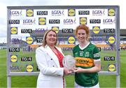 9 July 2022; Louise Ní Mhuircheartaigh of Kerry is presented with the Player of the Match award by Leinster LGFA President and LGFA vice-President Trina Murray after the TG4 All-Ireland Ladies Football Senior Championship Quarter-Final match between Armagh and Kerry at O'Connor Park in Tullamore, Offaly. Photo by Piaras Ó Mídheach/Sportsfile