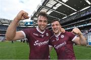 9 July 2022; Paul Conroy, left, and Damien Comer of Galway celebrate after their side's victory in the GAA Football All-Ireland Senior Championship Semi-Final match between Derry and Galway at Croke Park in Dublin. Photo by Seb Daly/Sportsfile