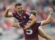 9 July 2022; Dylan McHugh, 5, and Dessie Conneely of Galway celebrate at the final whistle of the GAA Football All-Ireland Senior Championship Semi-Final match between Derry and Galway at Croke Park in Dublin. Photo by Ramsey Cardy/Sportsfile