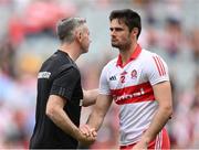 9 July 2022; A dejected Christopher McKaigue with Derry manager Rory Gallagher after the GAA Football All-Ireland Senior Championship Semi-Final match between Derry and Galway at Croke Park in Dublin. Photo by Stephen McCarthy/Sportsfile