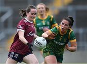 9 July 2022; Nicola Ward of Galway in action against Shauna Ennis of Meath during the TG4 All-Ireland Ladies Football Senior Championship Quarter-Final match between Galway and Meath at O’Connor Park in Tullamore, Offaly Photo by Piaras Ó Mídheach/Sportsfile