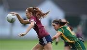 9 July 2022; Olivia Divilly of Galway in action against Niamh O'Sullivan of Meath during the TG4 All-Ireland Ladies Football Senior Championship Quarter-Final match between Galway and Meath at O’Connor Park in Tullamore, Offaly Photo by Piaras Ó Mídheach/Sportsfile