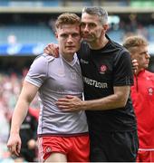 9 July 2022; Derry's Ethan Doherty and manager Rory Gallagher after the GAA Football All-Ireland Senior Championship Semi-Final match between Derry and Galway at Croke Park in Dublin. Photo by Stephen McCarthy/Sportsfile