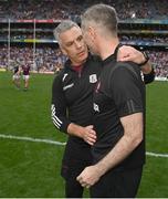 9 July 2022; Galway manager Padraic Joyce, left, and Derry manager Rory Gallagher after the GAA Football All-Ireland Senior Championship Semi-Final match between Derry and Galway at Croke Park in Dublin. Photo by Ramsey Cardy/Sportsfile