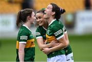 9 July 2022; Kerry players Niamh Ní Chonchúir, Anna Galvin, behind, and Cáit Lynch, left, celebrate after their side's victory in the TG4 All-Ireland Ladies Football Senior Championship Quarter-Final match between Armagh and Kerry at O'Connor Park in Tullamore, Offaly. Photo by Piaras Ó Mídheach/Sportsfile