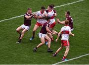 9 July 2022; Shane McGuigan of Derry in action against Dylan McHugh, left, and Jack Glynn of Galway during the GAA Football All-Ireland Senior Championship Semi-Final match between Derry and Galway at Croke Park in Dublin. Photo by Daire Brennan/Sportsfile