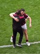 9 July 2022; Damien Comer of Galway is congratulated by coach Cian O'Neill after coming off during the GAA Football All-Ireland Senior Championship Semi-Final match between Derry and Galway at Croke Park in Dublin. Photo by Daire Brennan/Sportsfile