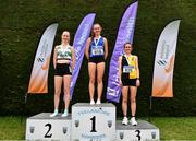 9 July 2022; Under 19 girls 3000m medallists, from left, Emma Landers of Youghal AC, Cork, silver, Hannah Kehoe of Thomastown AC, Kilkenny, gold, and Maebhdh Richardson of Kilkenny City Harriers AC, bronze, during day two of the Irish Life Health National Juvenile Track and Field Championships at Tullamore Harriers Stadium in Tullamore, Offaly. Photo by Sam Barnes/Sportsfile
