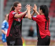 9 July 2022; Lisa Murphy of Bohemians celebrates with team-mate Abbie Brophy after the EVOKE.ie FAI Women's Cup First Round match between Bohemians and Galway WFC at Dalymount Park in Dublin. Photo by Michael P Ryan/Sportsfile