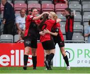 9 July 2022; Erica Burke of Bohemians, right, celebrates after scoring her side's first goal during the EVOKE.ie FAI Women's Cup First Round match between Bohemians and Galway WFC at Dalymount Park in Dublin. Photo by Michael P Ryan/Sportsfile