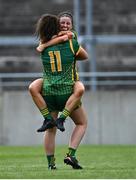 9 July 2022; Meath players Niamh O'Sullivan and Emma Duggan, 11, celebrate after their side's victory in the TG4 All-Ireland Ladies Football Senior Championship Quarter-Final match between Galway and Meath at O’Connor Park in Tullamore, Offaly Photo by Piaras Ó Mídheach/Sportsfile